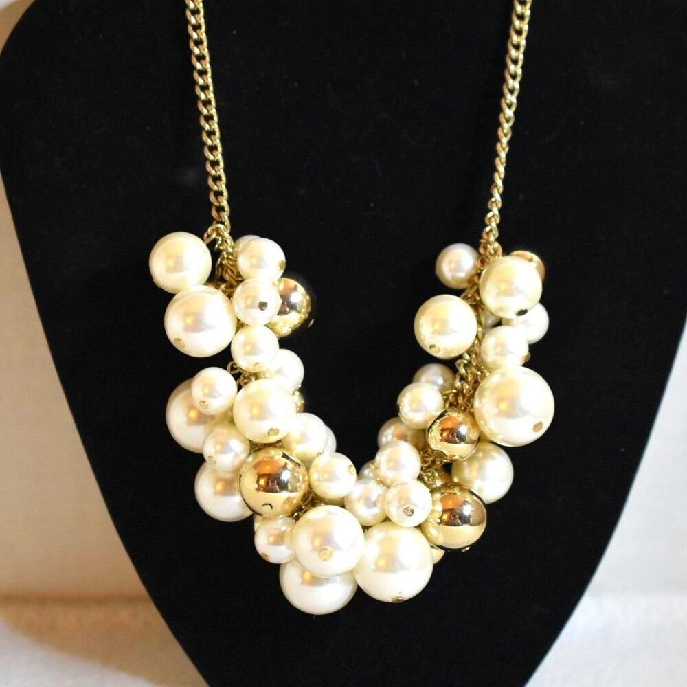 NWT Express Faux Pearl/Gold Toned Beads  Link Chain 18"-22" Statement Necklace